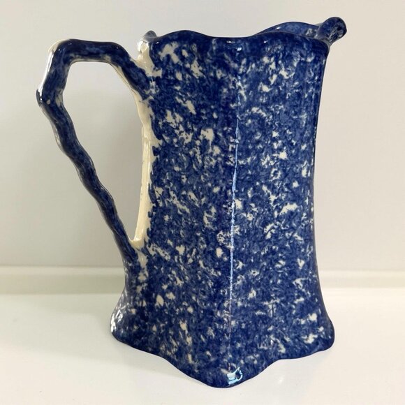Molly Dallas Pottery Blue Spatterware Folk Art Cow Rooster Pitcher Jug Carafe - Picture 2 of 10